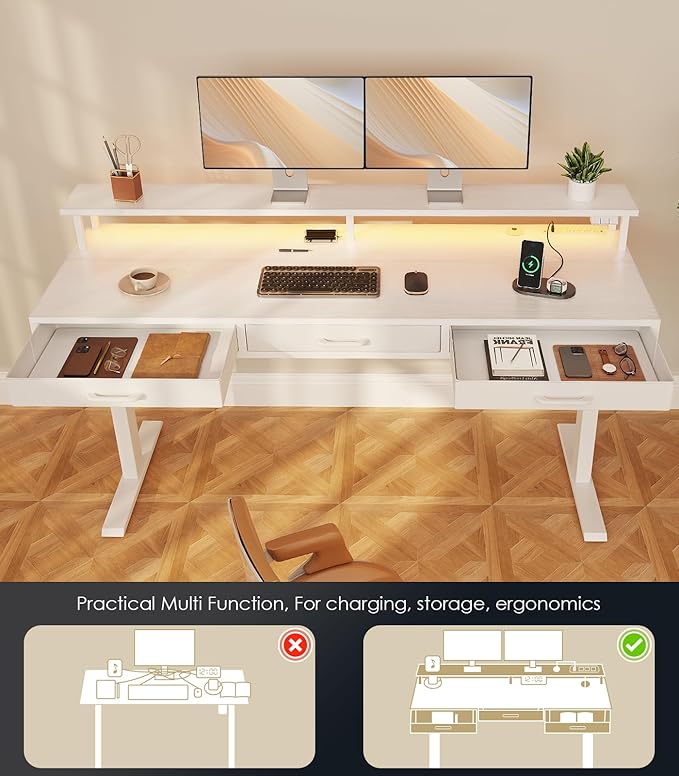 OffiGo Electric Standing Desk with Drawers, 63 Inch Height Adjustable Desk with Power Outlets & LED Lights, Sit Stand Table with Monitor Stand for Home, Office, Workstation, White