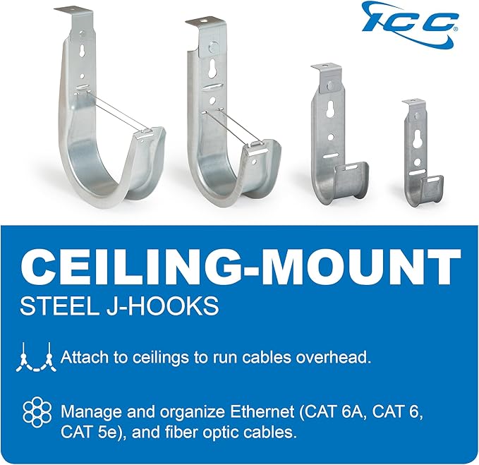 ICC Ceiling Mount J Hook 1 5/16” Without Retainer Clip – Galvanized Steel Cable Management Hooks for Hanging Cable - Rust-Resistant, EIA and TIA Compliant - 1 5/16 Inch 25 Pack