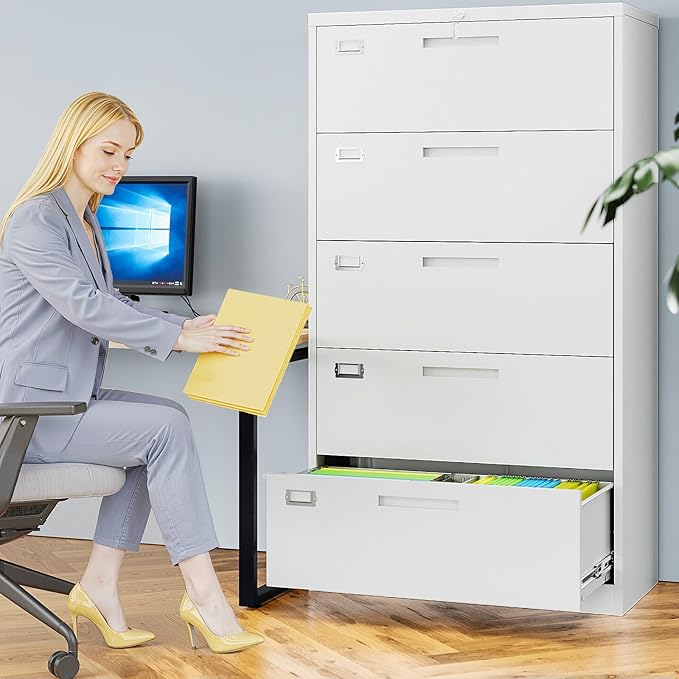 AFAIF 5 Drawer File Cabinets for Home Office, Metal Filing Cabinet with Lock, White Locking File Caninet Five Drawer, Office Storage Caninets Steel Cabnet for Letter/Legal/A4/F4-Assembly Required