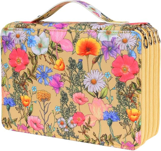 Vomgomfom Colored Pencil Holder - 200 Slots Large Capacity Case with Zipper Closure Twill Fabric, Yellow Flower Pattern for Watercolor Pens, Markers, Artists