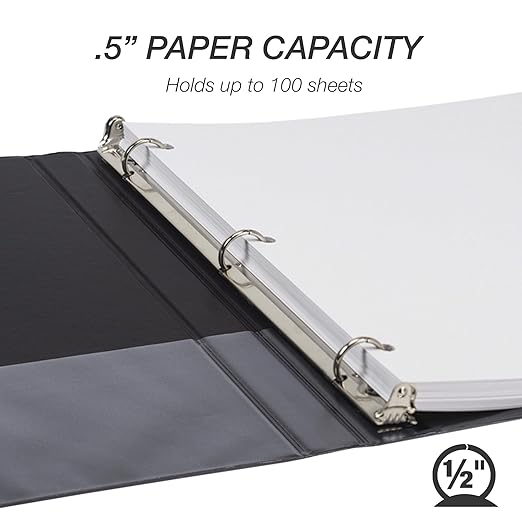 Samsill 0.5 Inch 3 Ring Binder, Made in USA, Economy Round Ring, Clear View Cover, 100 Sheet Capacity - for School, Home, Office - Charcoal Black