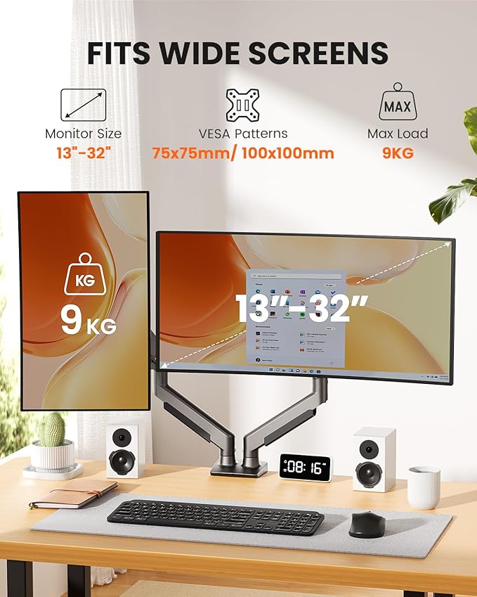 ErGear Dual Monitor Arm, Full Adjustable Monitor Mount for 13–32″ Screens, Fast Install Computer Monitor Stand with Tool-Free VESA Mount, Max Load 19.8 lbs, Max VESA 100x100mm - Grey