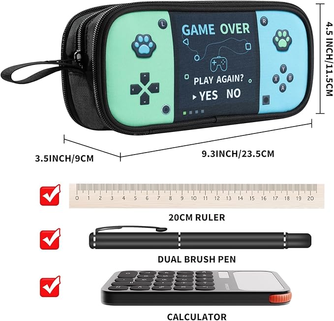 Easozoom Large Game Controller Pencil Case for Teen Boy Kid Capacity Pen Box Pouch Organizer Holder Bag with 3 Compartments & Zipper School College Office Supplies (1PCS Pencil Case) (Blue&Green)