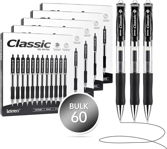Lekreo Classic Retractable Gel Roller Pens, 0.7mm Fine Point (Black Ink - 60 Packs)