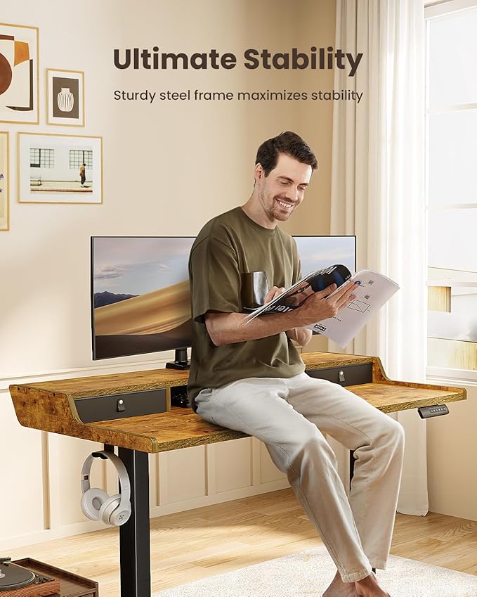 ErGear Electric Standing Desk with Drawers, 48″ x 24″ Gaming Table Compatible Monitor Stand, Stand up Desks, Home Office Height-Adjustable Desk with Storage Shelf, 4 Preset Heights, Vintage Brown
