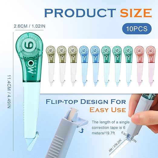 EQUNROY 10 Pcs Correction Tape for Instant Error Fixing, Easy-to-Use Pen-Style Applicator, 1/5 Inch x 236 Inches, Aesthetic Office & School Supplies