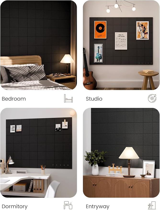 Large Felt Bulletin Board 48" x 36", 12-Pack 4-Compartment Wall Organizer, Cork Board Alternative with 70 Removable Adhesive Tabs, Modular Felt Panels for Home Office, Classroom and Study-Black