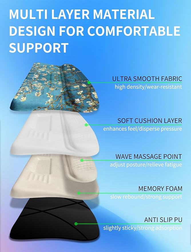KUOSGM Ergonomic Wave Wrist Rest with Keyboard Stand, Cushioned Palm Rest, Comfortable Integrated Memory Foam for Natural Typing and Relieve Wrist Pain, Van Gogh Apricot Blossom