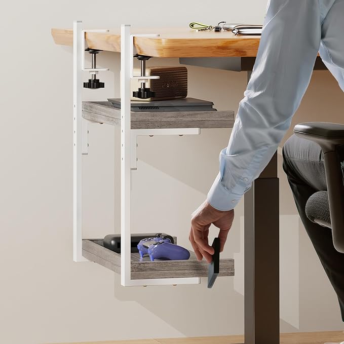 ART-GIFTREE Clamp On Desk Shelf 2-Tier, Wood Shelving Unit for Office Desk/Gaming Accessories, Tabletop Book Storage Rack, Shelf for Top of Desk, Grey