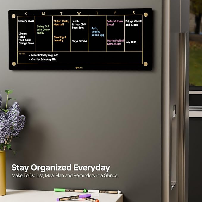 Black Glass Golden Weekly Dry Erase Calendar Whiteboard for Wall, to Do List & 7 Days Planner White Board for Home Office, 23x9.5, 4 Wet Erase Markers Included, Yeoux*