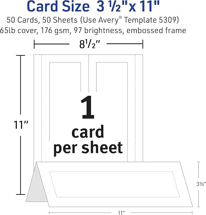 Avery Printable Tent Cards, 3.5" x 11", White with Embossed Border, 50 Blank Place Cards for Laser and Inkjet Printers (5309)