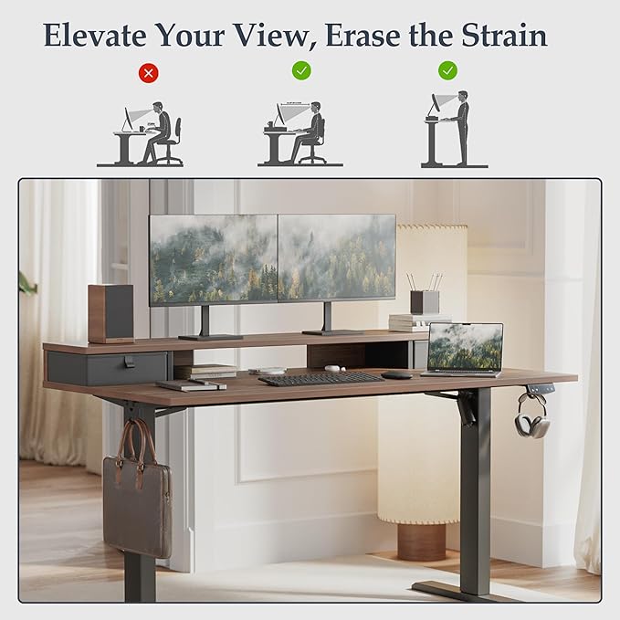 Klicelor 48 Inch Electric Standing Desk with Drawers, Adjustable Height Small Sit Stand Desk for Home Office, Compact Computer Workstation with Storage– Dark Walnut