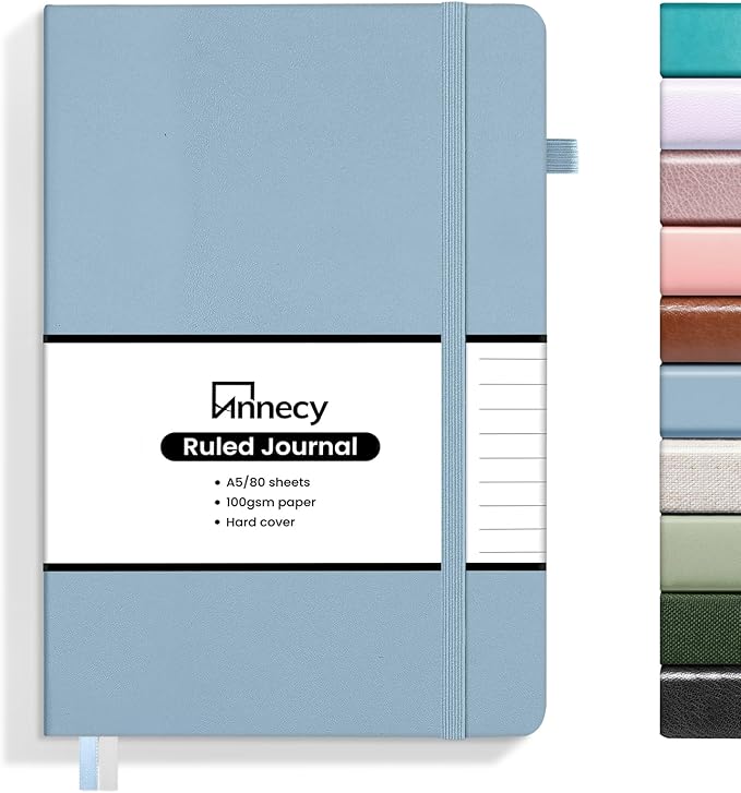 Annecy Lined Journal Notebook, Hardcover Leather Journal for Women & Men, 160 Numbered Pages, Medium 5.5" x 8.25", 100 GSM Thick Paper, Haze Blue
