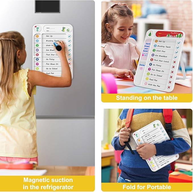 Magnetic Chore Chart for Kids, ADHD Task Tracker Easy-Check Routine Dry Erase Board, to-Do List Planning Tool with Stand for Fridge/Desk/Home/School, 6 Reusable Sheets, 3 Markers