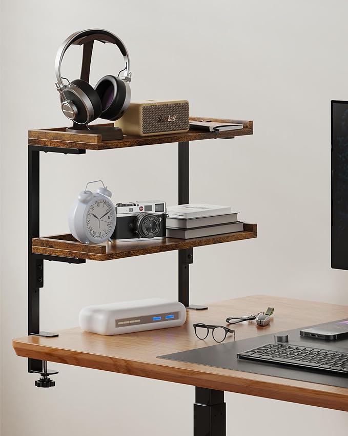 ART-GIFTREE Clamp On Desk Shelf 2-Tier, 16.5 in Wood Shelving Unit for Office Desk/Gaming Accessories, Tabletop Book Storage Rack, Shelf for Top of Desk, Brown
