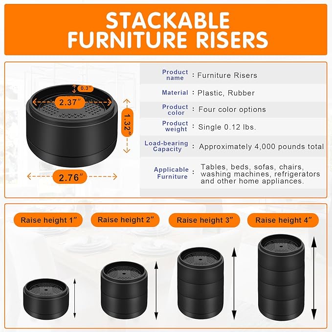 Furniture Risers Bed Risers Heavy Duty 1 inch, 2 inch, 3 inch, 4 inch Round Adjustable Bed Lifts Riser for Desk Legs Table Couch Sofa Chair Refrigerator Washing Machine (1 Inch, Black, 6 Pack )