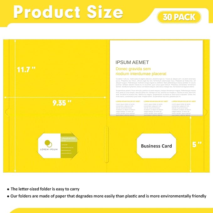 Two Pocket Folders, PANDRI 30 Pack 2 Pocket Folders, Letter Size Paper File Folder for School Office Home Business, Yellow