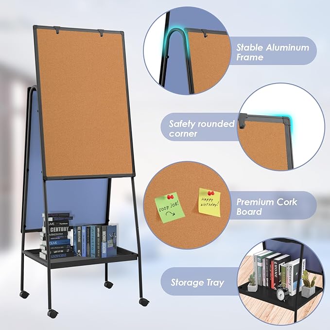 MAKELLO Rolling White Board on Wheels 36x24 in, Double-Side Standing Whiteboard Cork Board Combo with Storage Tray for Office Classroom Commerce, Height Adjustable, Aluminum Frame, 3'x2'