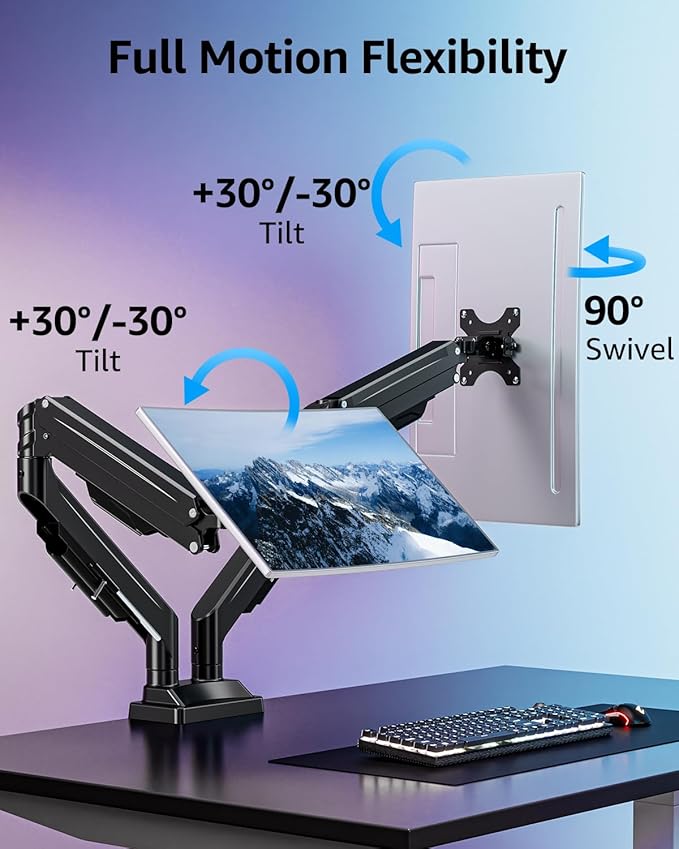 MOUNTUP Dual Monitor Stand for Max 43 inch Screens, Ultrawide Monitor Arm Height Adjustable, Heavy Duty Dual Monitor Mount, Full Motion Premium Monitors Arm, Holds 2.2 to 33 lbs, VESA Desk Mount