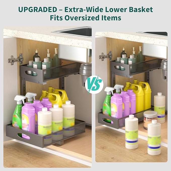 Beleeb Under Sink Organizer, Extra-Wide Upgrade, 2-Pack of 2-Tier Metal Slide Out Cabinet Organizer, Height Adjustable Organization and Storage Series, Bathroom/Cabinet/Kitchen organization, Black