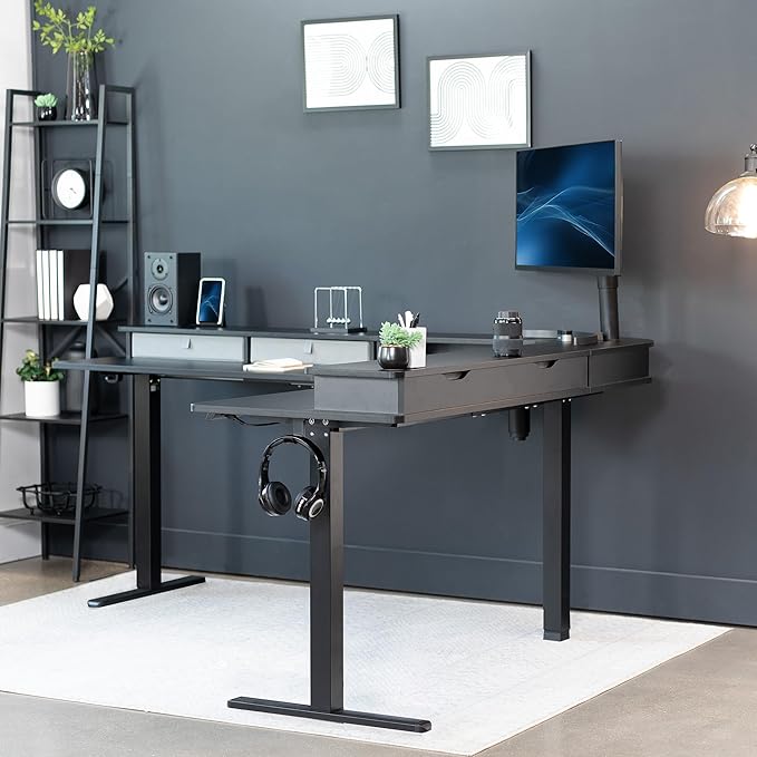 VIVO Electric Mobile Corner 75 x 63 inch 2 Tier Stand Up L-Shaped Desk, Height Adjustable, Memory Controller, Storage Drawers, Black Top Black Frame, DESK-E3CVB-75