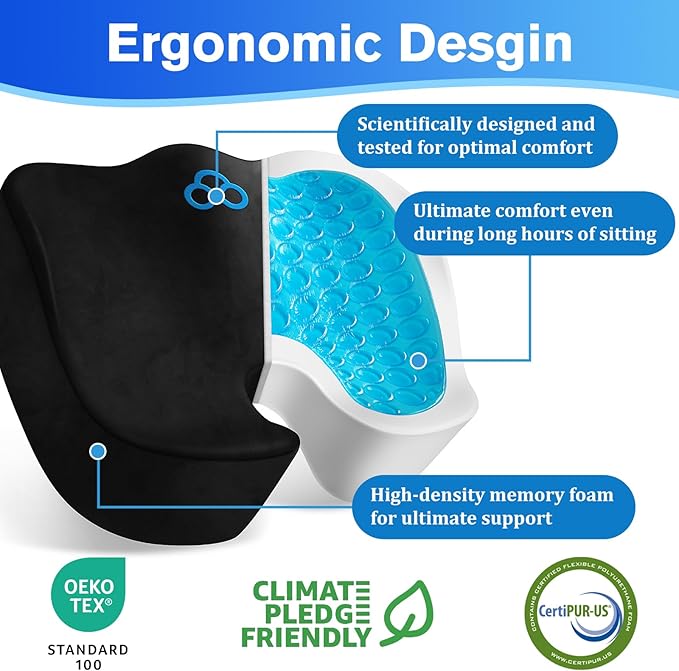 CushyOasis Seat Cushion, Gel Chair Cushions, Office Chair Cushions, Anti-Slip Bottom & Removable Cover Tailbone Pain Relief Cushion, Memory Foam Seat Cushion, 5.28 in Thick (Black)