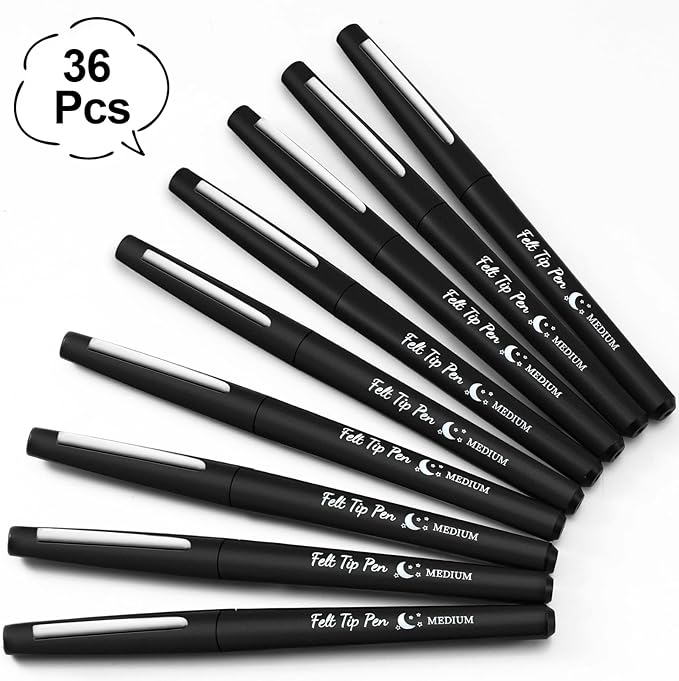 Fuyoooo 36 Pcs Felt Tip Pens 0.7mm Medium Point Colored Felt Tip Pens for Journaling Planner Writing Note-taking Art Office and School Supplies(Black)