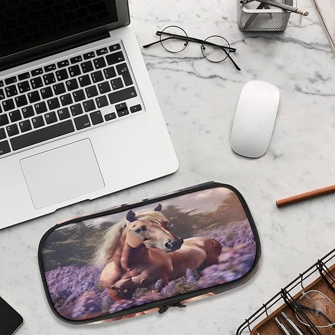 Pardick Pencil Case，Horse Lavender Big Capacity Pencil Pouch Coin Pouch Stationery Organizer For Teen School