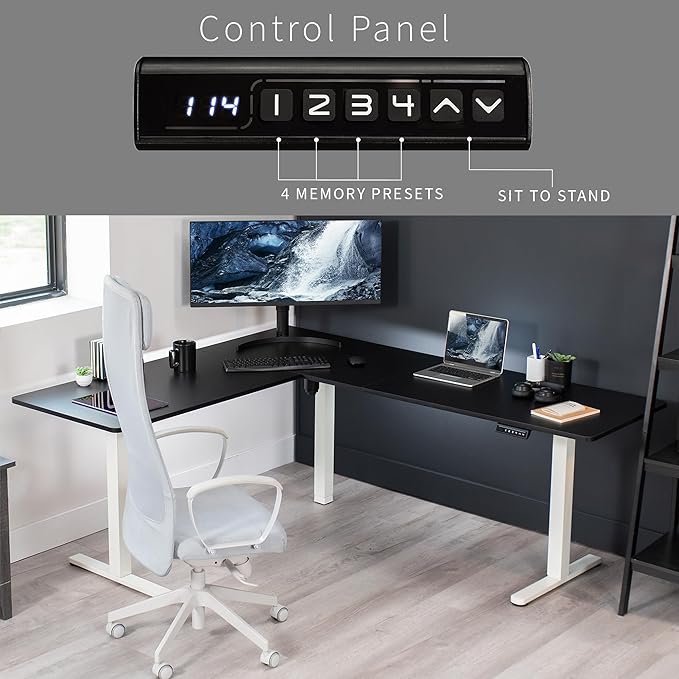 VIVO Electric Corner 75 x 63 inch L-Shaped Standing Desk, Memory Height Adjustment, Black Top White Frame, DESK-E3CTWB-75