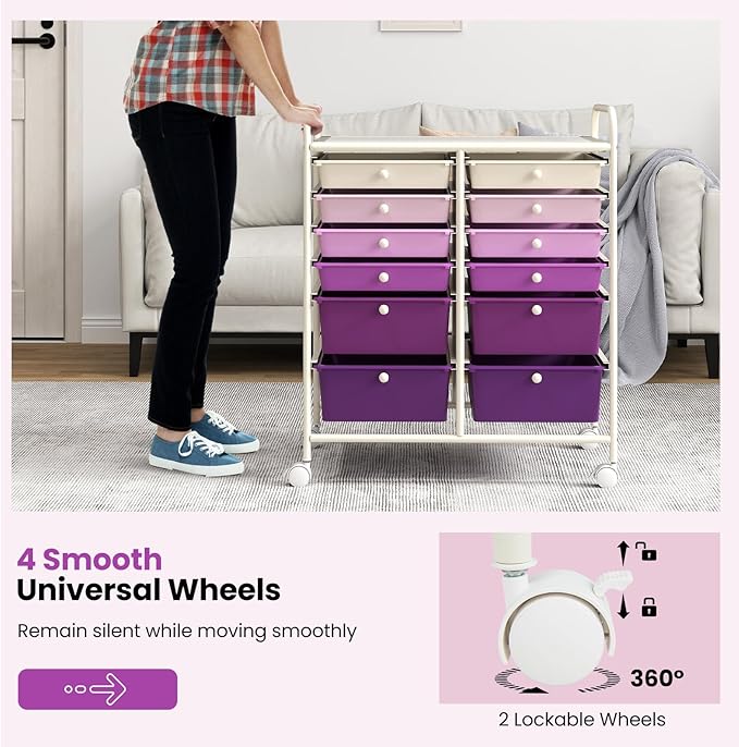 Giantex 12 Drawers Rolling Storage Cart, Classroom Organizers with Wheels for Tools Scrapbook Craft Paper Teacher Office School Supplies (Purple Gradient)
