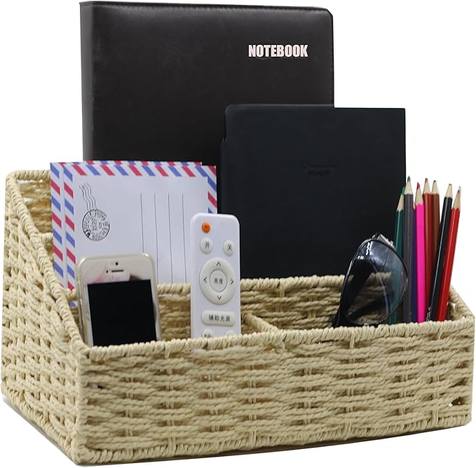 Boershun Rattan Mail Organizer - Countertop, Desk, Bills, Woven Basket, Magazine Holder, Mail Sorter, Hobo Organizer，Beige