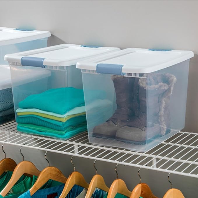 Sterilite 12-Pack Latching Box, Under Bed Storage Bins with Lids, Clear Plastic, 25 Quart - Heavy-Duty Organizing Containers for Closet, Bathroom, and Office