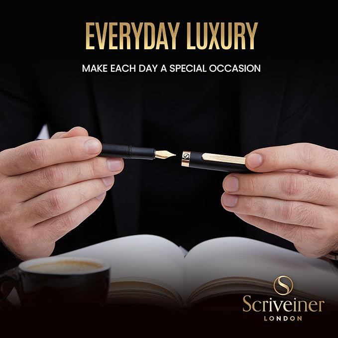 Scriveiner Luxury EDC Fountain Pen (Medium), Stunning Luxury Black Pocket Pen, Real Gold Plating, Schmidt Gilded Nib, Converter, Best Writing Gift Set for Men & Women, Nice Fancy Office Designer Pen