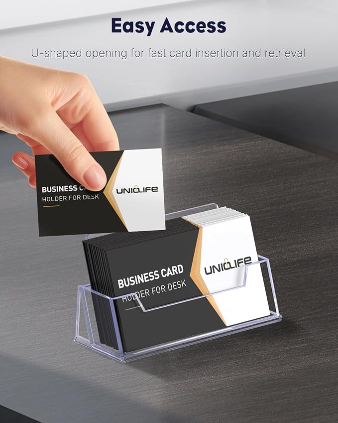 Uniclife 4 Pack Acrylic Business Card Holder for Desk 1 Slot Clear Business Card Display Stand for Men & Women Desktop Business Card Organizer Card Stand for Office Home Exhibition, 60 Card Capacity