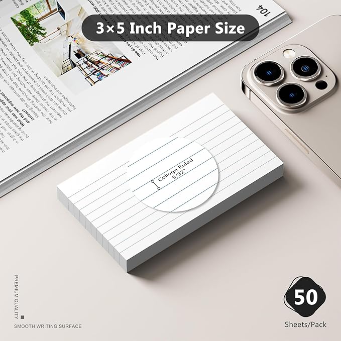 250 Count Index Cards 3 x 5 Inch, Heavyweight Colored Lined Note Cards Portable Ruled Flash Cards Perfect for Studying and Organizing, Note Taking Study Flashcards for Home, School and Office