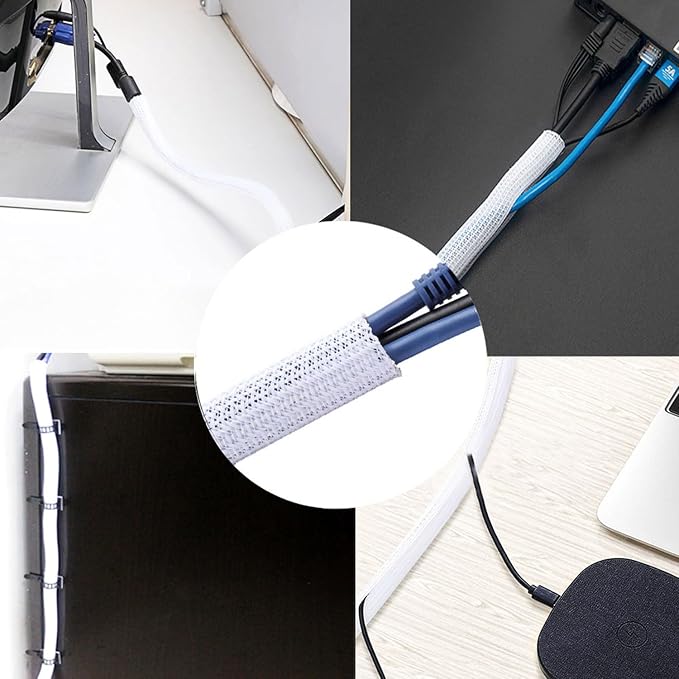 QCSIW 3/8"-50ft Braided Cable Sleeve Protector - Self-Wrapping Split Wire Loom for TV, Computer, Home Theater, Engine Bay - Heavy-Duty Cord Organizer, White
