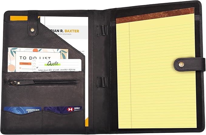 Leather Village Leather Portfolio Organizer - Professional Business Padfolio for Men & Women - Stylish Document Card Holder, Resume Folder, Folio for A4/Letter Size Writing Legal Pad, Black