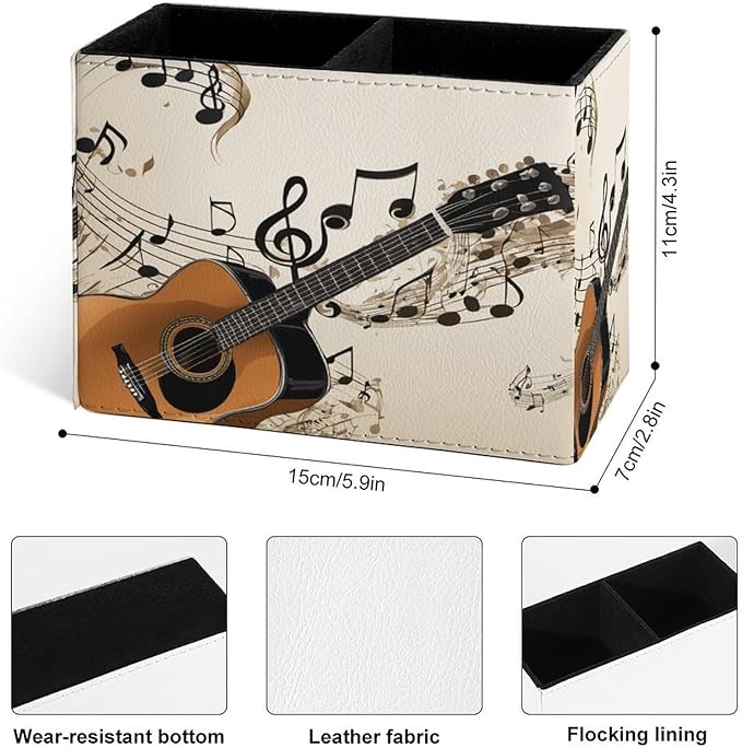 Famame Vintage Music Notes Guitar Pencil Holder for Desk, Leather Desktop Container Pen Cup Storage Study Table Pen Organizer Makeup Brushes Holder for Office Home