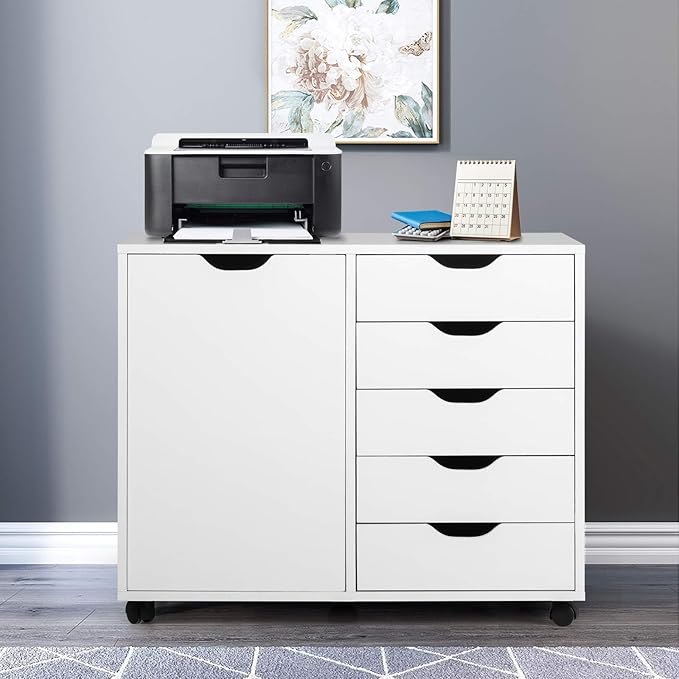 Giantex File Cabinet, Mobile Lateral Filing Cabinet with 5 Drawers &1 Door, Wheels, Rolling Storage Organizer for Home Office, Study Room (31”x 15.5” x 25.5”, White)