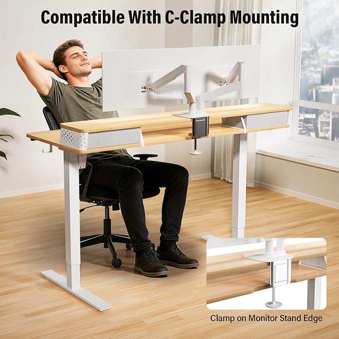 Kingant 48 x 24 Inch Electric Standing Desk with Dual Drawers, Height Adjustable Sit to Stand Computer Desk with Storage Shelf and C-Clamp Mount Compatibility for Home Office, Nature