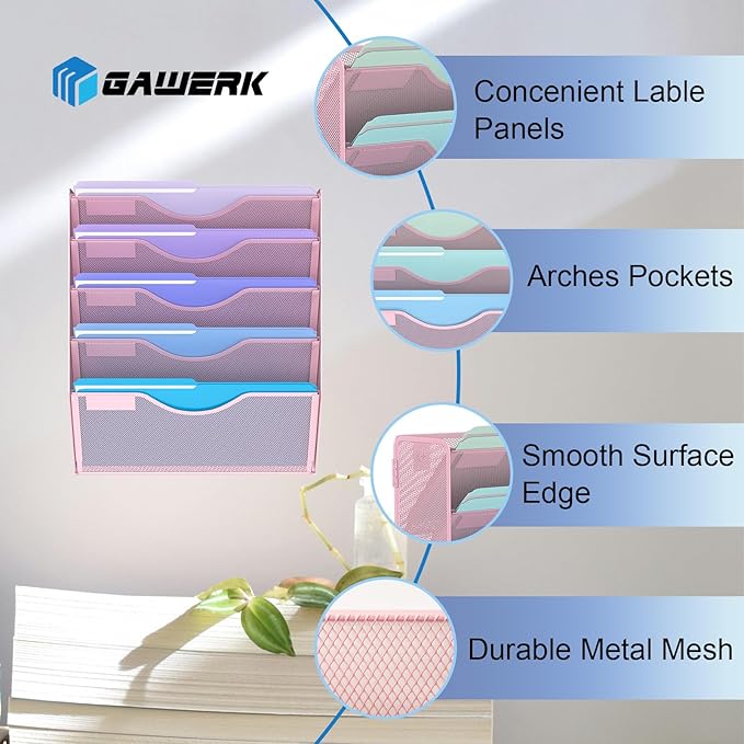 Gawerk 5 Tier Hanging Wall File Organizer, Mesh Mail Paper Orgnization Hanging File Folder Holder for Home Office, Pink