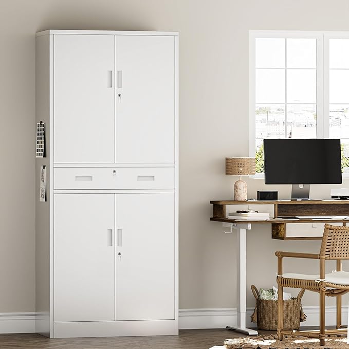 TaskStorz Metal Storage with 1 Drawer, 71" Cabinet with 4 Locking Doors and 2 Adjustable Shelves, Steel Storage File Cabinet for Pantry, Kitchen, Office, Garage (White)