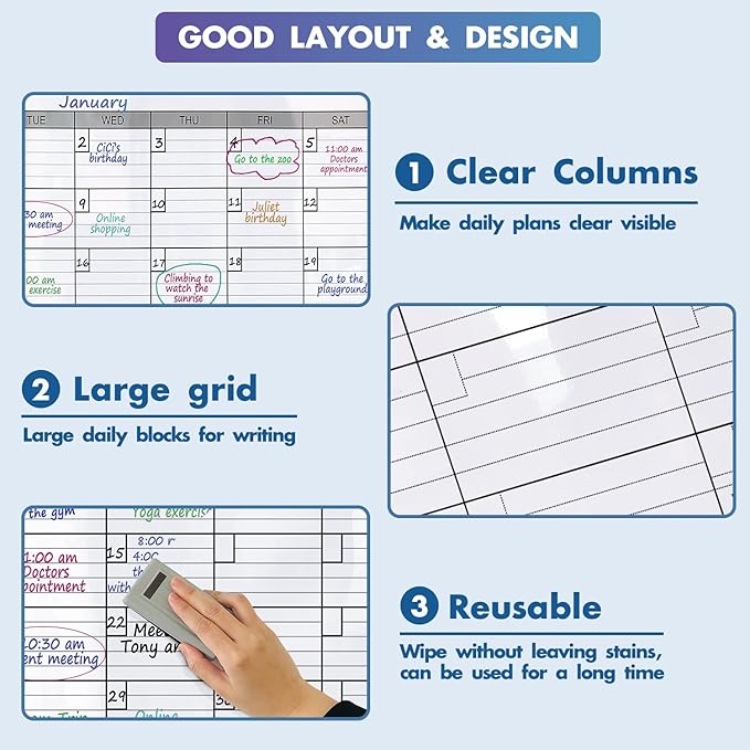 Dry Erase Vertical Three Month Laminated jumbo Wall Calendar, 46 x 63, Huge quarterly Laminated Erasable White Board, Giant 90 day Family Whiteboard Schedule Planner, Large Multi Month Reusable