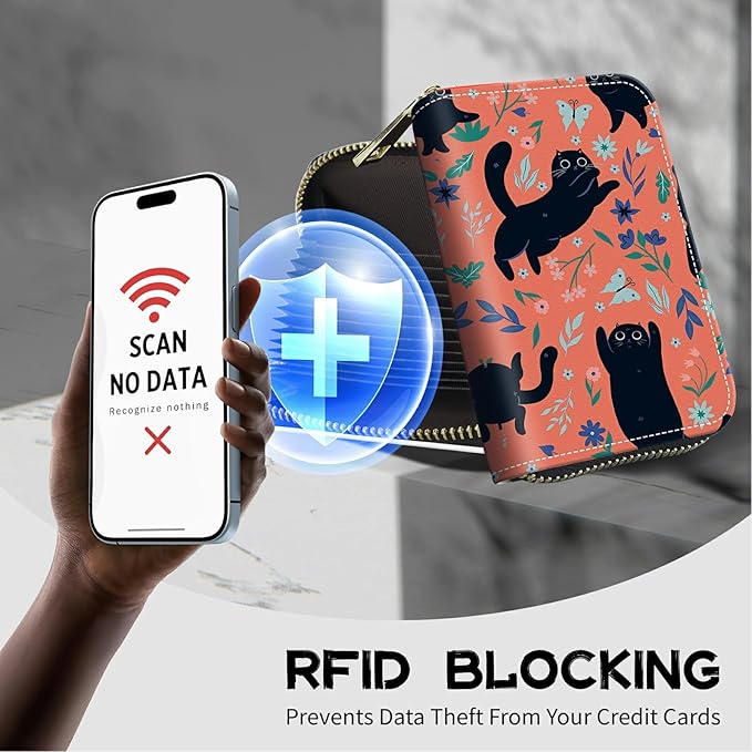 BWEGRHE Cute Credit Card Holder with Zipper, Black Cat Flowers RFID-Blocking Card Case Small Wallet for Women Men, Multi-slot Card Organizer Case Travel Accordion Wallet