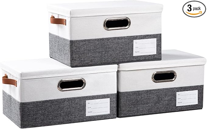 PRANDOM Storage Bins with Lids [3-Pack] Linen Fabric Foldable Storage Boxes Organizer Containers Baskets Cube with Cover for Bedroom Closet Office Grey&White（11.4X8.6X6.7