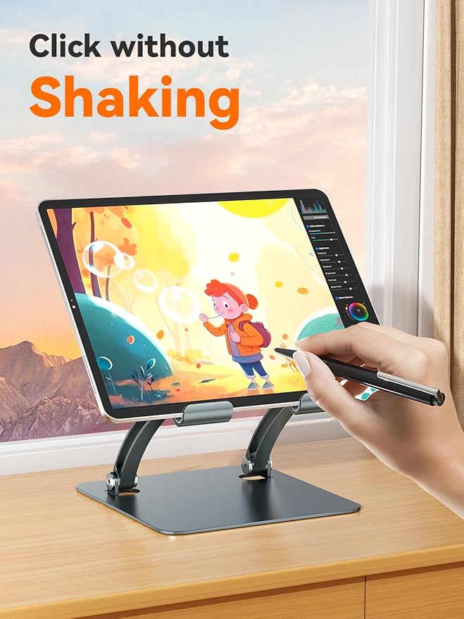 tounee Tablet Holder Stand, Dual Rod Adjustable Aluminum Desktop Stand, Compatible with 4.7-16.9" iPads, Surface Tablets, Portable Monitors, Kindle & More (Gray)