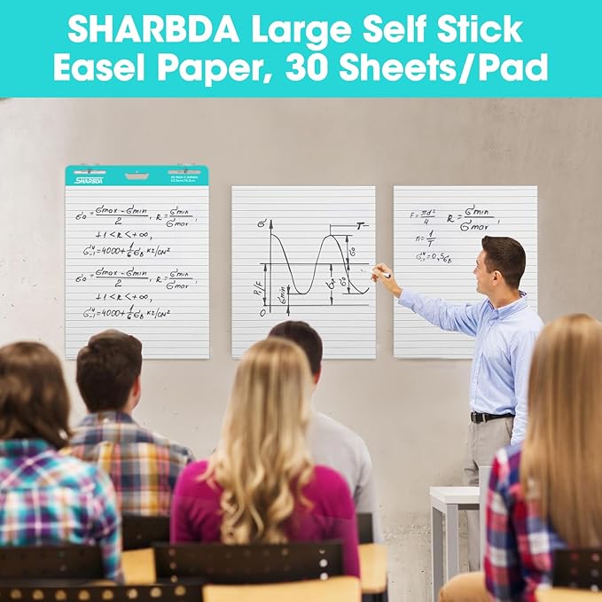 SHARBDA Lined Sticky Easel Pad, 25 * 30 inch,Self-Stick Flip Chart Paper, Super Adhesive & Bleed-Resistant,Micro-Perforated Tear,Classroom Teacher Office Presentation Pads,4 Pads/Pack,120Sheets