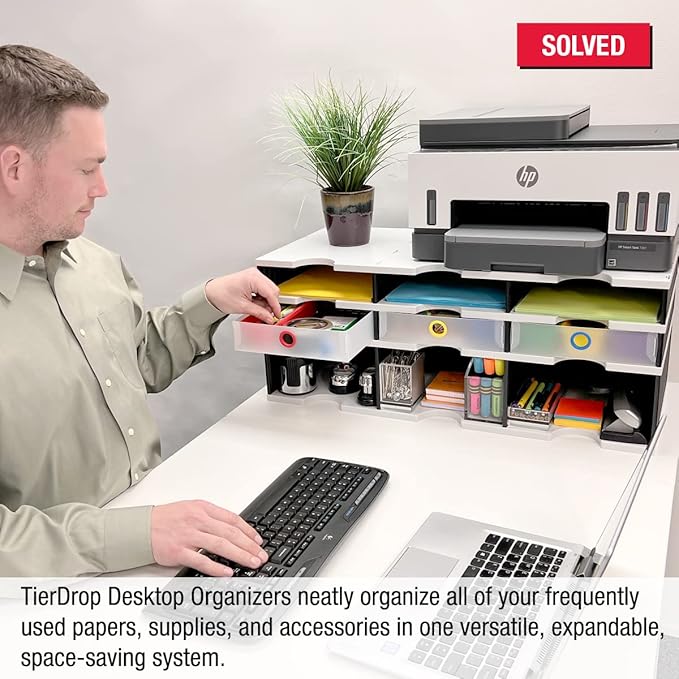 Desktop Organizer 6 Letter Tray Sorter Plus Riser Storage Base & 3 Supply Drawers - TierDrop Plus Stores All of Your Documents, Files, Forms & Frequently Used Supplies in One Compact Modular System