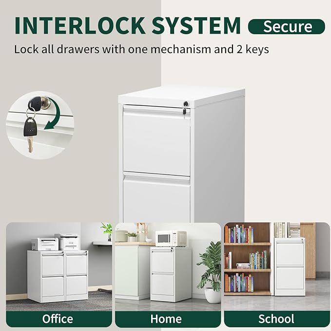 Yukimo 2 Drawer File Cabinet for Home Office, Vertical File Cabinet with Lock, Locking File Cabinet Hanging Files for A4/ Legal/Letter, Require Assembly, White