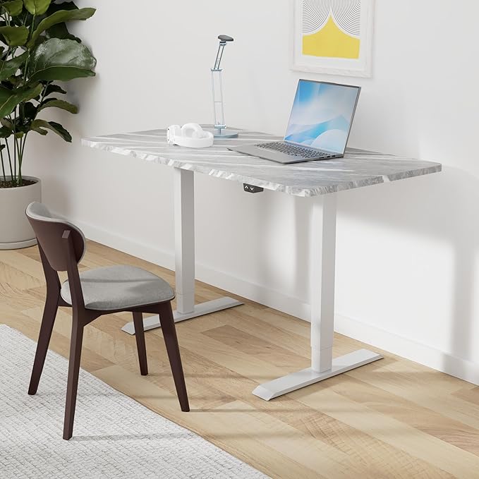 FLEXISPOT EN1 One-Piece Standing Desk with 1-Inch Thick Seamless Desktop, 55"x28" Electric Height Adjustable Desk for Home Office, Multi-Monitor Setups & Easy Assembly, Marble Gray